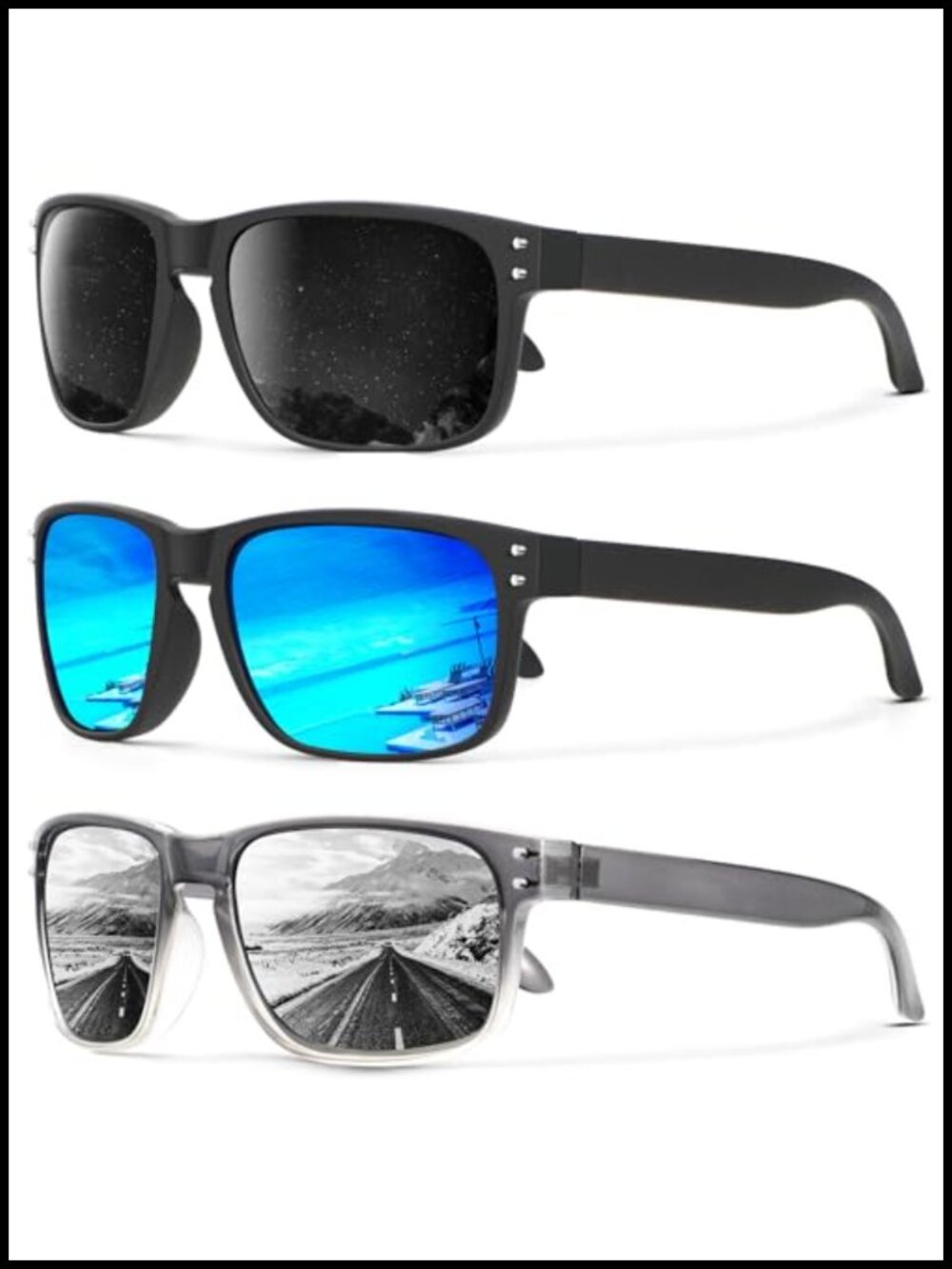 Polarized Sunglasses 3 Pack Retro Square UV Protection Fishing Running Driving